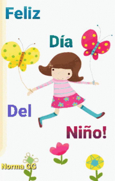 A Girl Is Jumping In The Air With Butterflies And The Words Feliz Dia Del Niño On The Bottom GIF