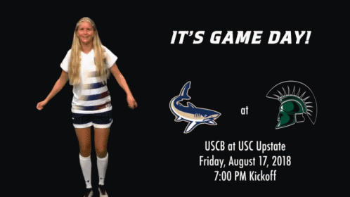 A Girl Is Kicking A Soccer Ball With The Words It 'S Game Day Uscb At Usc Upstate GIF