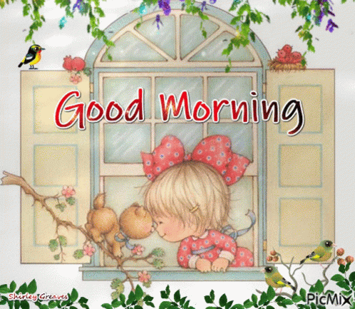 A Girl Is Kissing A Teddy Bear In A Window With The Words Good Morning GIF
