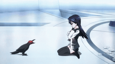 A Girl Is Kneeling Down In Front Of A Black Bird With Red Eyes GIF