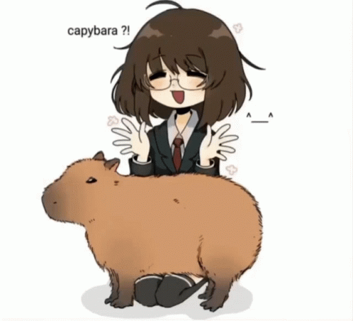 A Girl Is Kneeling Down Next To A Capybara That Says Capybara On It GIF