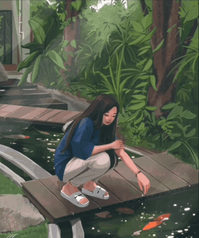 A Girl Is Kneeling On A Wooden Bridge Looking At Fish GIF