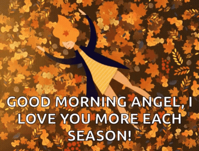 A Girl Is Laying In A Pile Of Leaves With The Words " Good Morning Angel , I Love You More Each Season " GIF