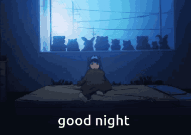 A Girl Is Laying On A Bed In Front Of A Window With The Words Good Night Written Below Her GIF