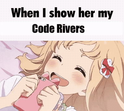 A Girl Is Laying On A Bed With A Pink Phone In Her Mouth And The Words " When I Show Her My Code Rivers " GIF