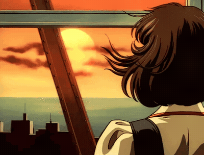 A Girl Is Looking Out A Window At The Sunset Over The Ocean GIF