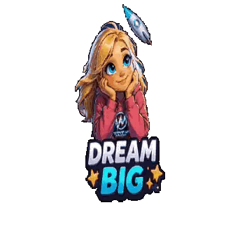 A Girl Is Looking Up At A Rocket With The Words Dream Big Above Her Sticker