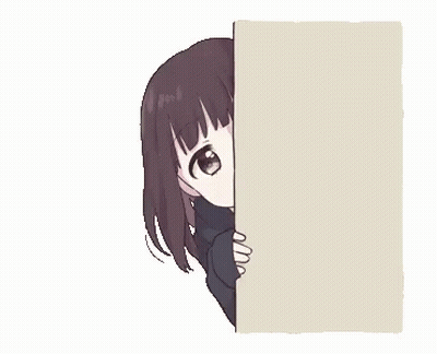 A Girl Is Peeking Out From Behind A Wall And Holding A Cardboard Box . GIF