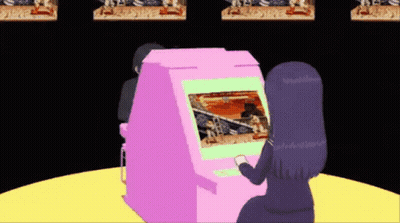 A Girl Is Playing A Video Game In A Pink Machine GIF