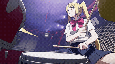 A Girl Is Playing Drums In Front Of A Sign That Says R GIF