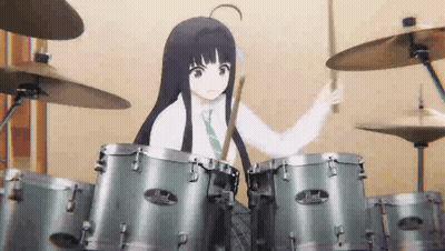 A Girl Is Playing Drums With A Pearl Drum Set In The Background GIF