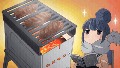 A Girl Is Reading A Book Next To A Grill GIF