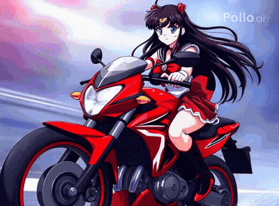 A Girl Is Riding A Red Motorcycle With Pollo.ai Written On The Bottom Right GIF