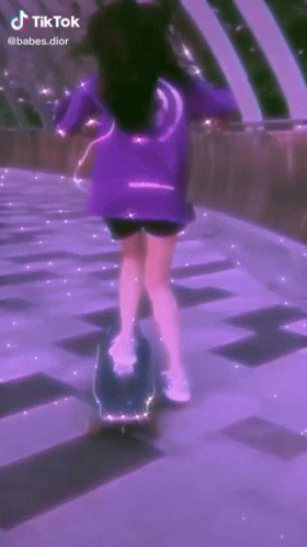 A Girl Is Riding A Skateboard On A Purple Background . GIF