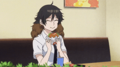 A Girl Is Sitting At A Table Eating A Sandwich And Drinking A Soda GIF