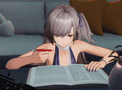 A Girl Is Sitting At A Table Holding A Pen And Reading A Book GIF
