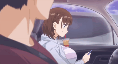 A Girl Is Sitting In A Car Drinking From A Cup And Looking At Her Phone GIF