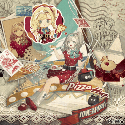 A Girl Is Sitting In A Hammock Holding A Slice Of Pizza With A Banner That Says Love & Pizza GIF