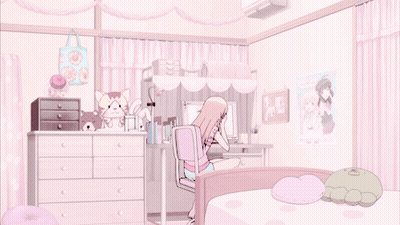 A Girl Is Sitting On A Bed In A Room With Posters On The Wall GIF