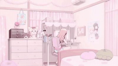 A Girl Is Sitting On A Chair In A Pink Bedroom With A Desk And A Bed . GIF