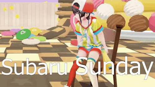 A Girl Is Sitting On A Chair With The Words Subaru Sunday On The Bottom GIF