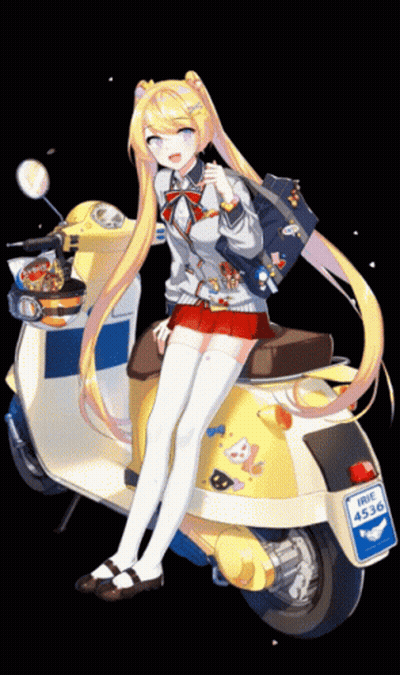 A Girl Is Sitting On A Yellow Scooter With A License Plate That Says Jmc 452A GIF