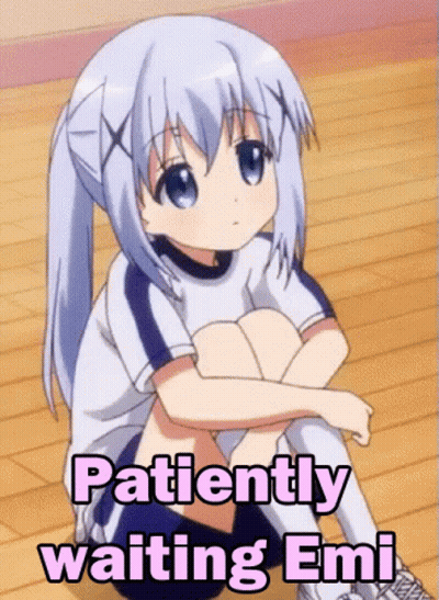 A Girl Is Sitting On The Floor With The Words Patiently Waiting Emi GIF
