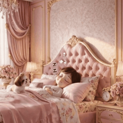 A Girl Is Sleeping In A Bed With A Dog And The Letters Nn Are Visible On The Headboard GIF