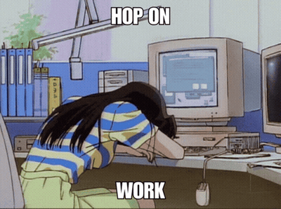 A Girl Is Sleeping In Front Of A Computer With The Words Hop On Work Above Her Head GIF