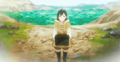 A Girl Is Standing In A Field Holding A Box In Her Hands . GIF