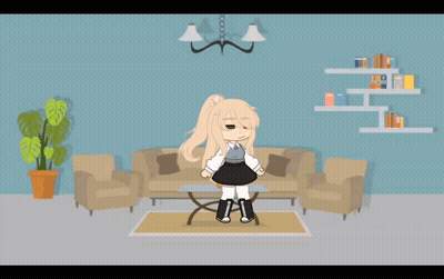 A Girl Is Standing In A Living Room With A Couch And Chairs . GIF