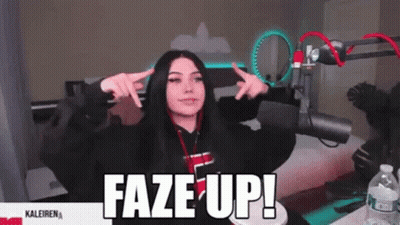 A Girl Is Standing In Front Of A Microphone With The Words Faze Up Written Above Her GIF