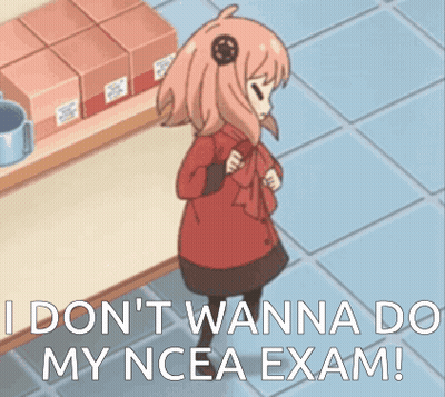 A Girl Is Standing In Front Of A Shelf And Says " I Don 'T Wanna Do My Ncea Exam ! " GIF