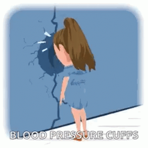 A Girl Is Standing In Front Of A Wall With Blood Pressure Cuffs On Her Arms . GIF