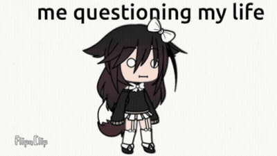 A Girl Is Standing In Front Of A White Background With The Words Me Questioning My Life . GIF