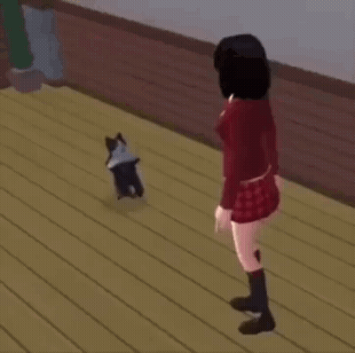 A Girl Is Standing Next To A Black And White Cat On A Wooden Floor In A Video Game . GIF