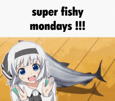 A Girl Is Standing Next To A Large Fish That Says Super Fishy Mondays !!! GIF