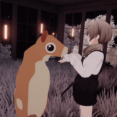 A Girl Is Standing Next To A Stuffed Animal With Big Eyes GIF