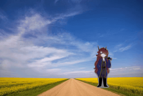 A Girl Is Standing On A Dirt Road In A Field GIF