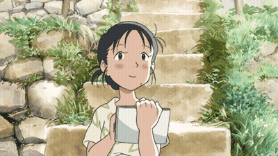 A Girl Is Standing On A Set Of Stone Stairs Holding A Book GIF