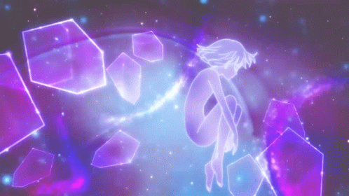 A Girl Is Surrounded By Purple And Blue Cubes GIF