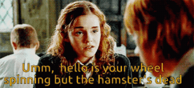A Girl Is Talking To A Man With The Words Umm Hello Is Your Wheel Spinning But The Hamster 'S Dead GIF