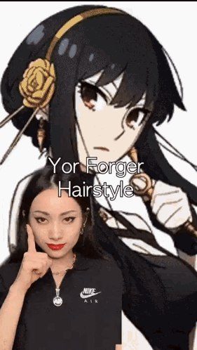 A Girl Is Wearing A Nike Shirt And Giving A Thumbs Up In Front Of A Picture Of Yor Forger GIF
