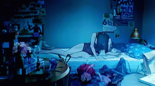 A Girl Laying On A Bed With A Poster On The Wall That Says ' Our Site ' GIF