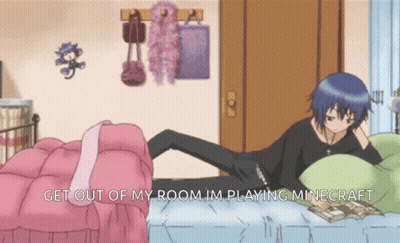 A Girl Laying On A Bed With The Words Get Out Of My Room Im Playing Minecraft On The Bottom GIF