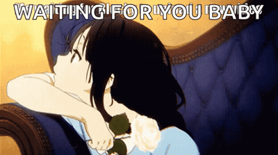 A Girl Laying On A Couch With The Words Waiting For You Baby GIF