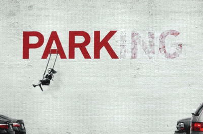 A Girl On A Swing Is Painted On A White Wall With The Word Parking GIF