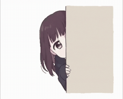 A Girl Peeking Out From Behind A Wall With The Word Hi On It GIF