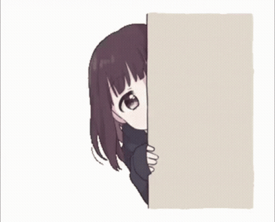 A Girl Peeking Out From Behind A Wall With The Word Hi On It GIF