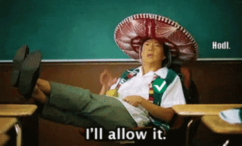 A Girl Scout Wearing A Sombrero Is Sitting At A Desk With Her Legs Crossed And Says I 'Ll Allow It GIF